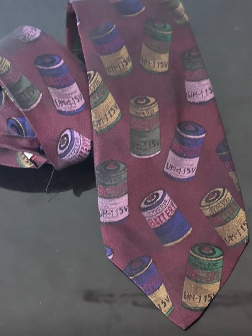 Moschino Battery Tie Collectors Item Silk Batteries Necktie Burgundy Maroon
